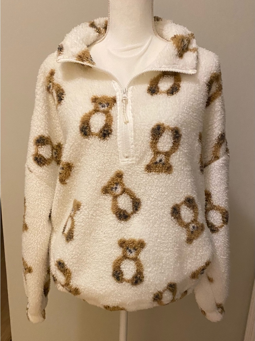 Cozy Cream Teddy Pattern Half-Zip Pullover by No Boundaries Size XL